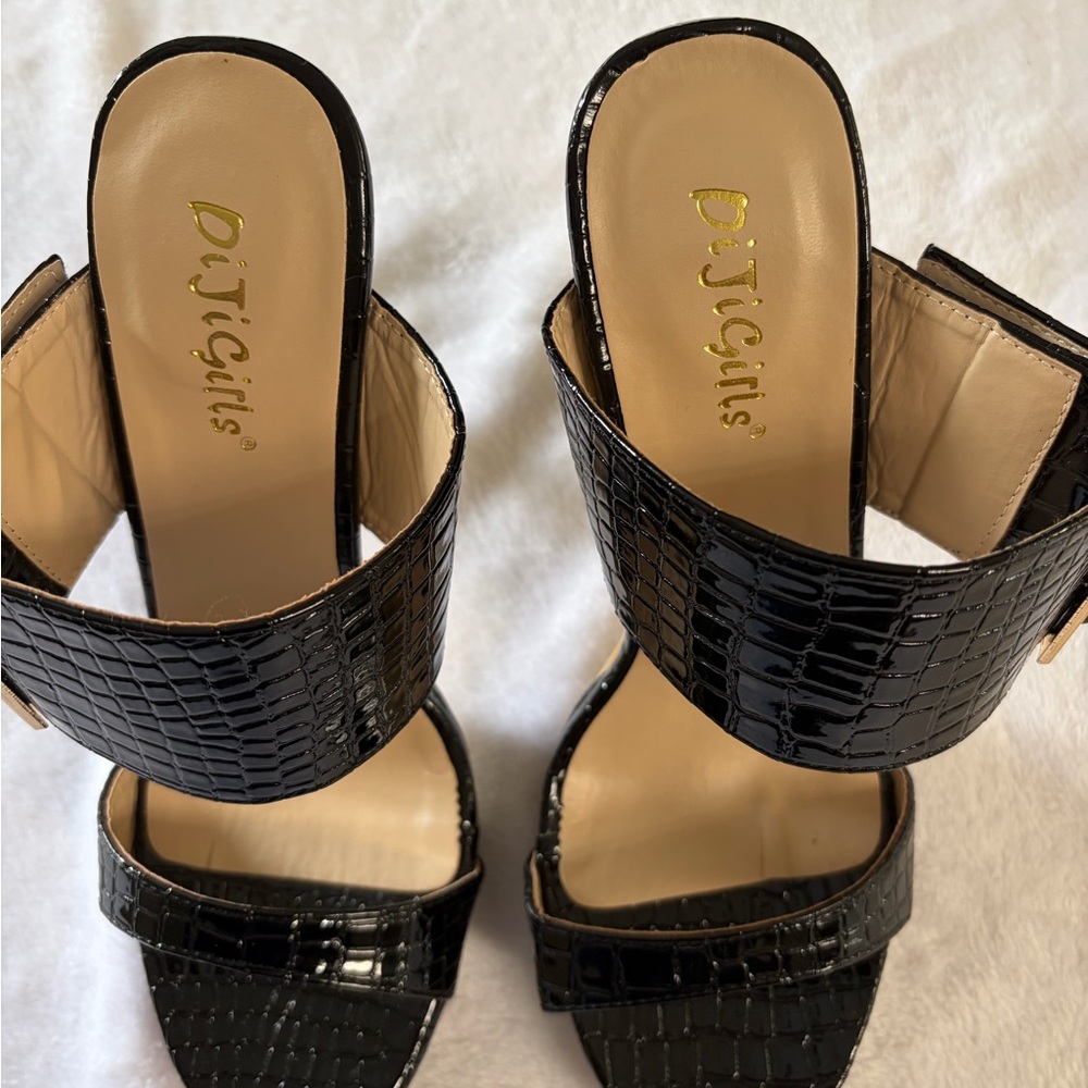 Black Croc-Patterned Heels